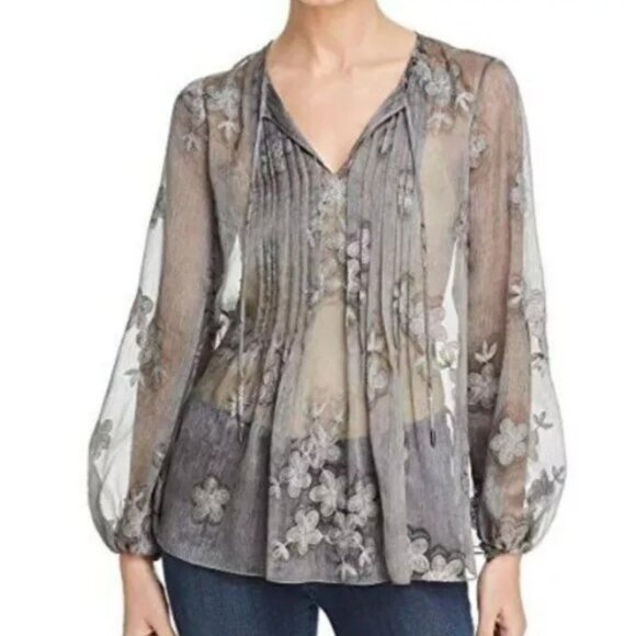 Elie Tahari Tops - Elie Tahari Women's Top S/P Gray Elegant Floral Embroidered Blouse Satin Cami